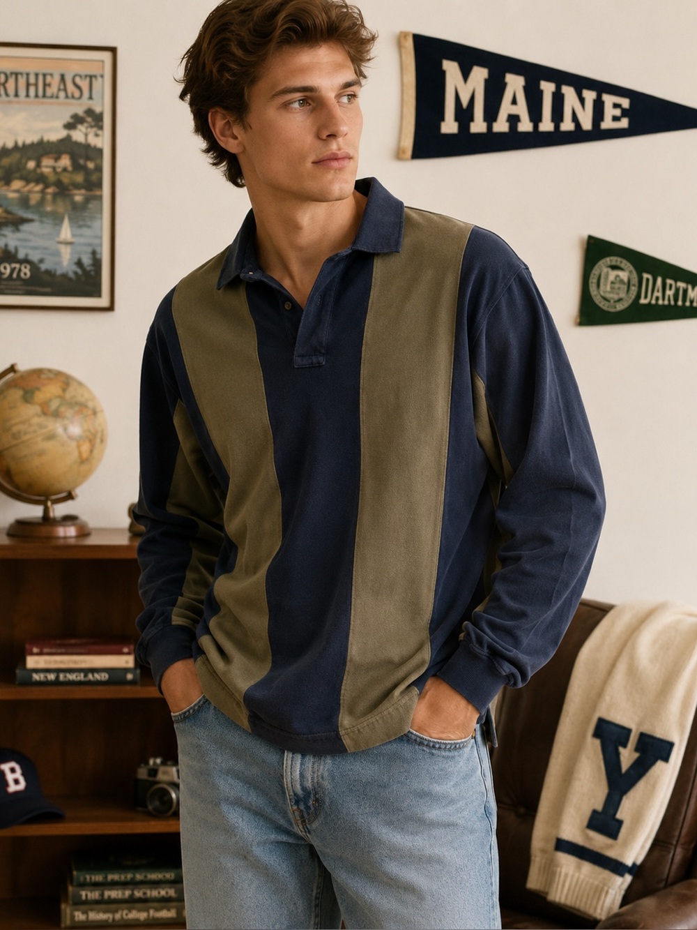 Vintage 90s Structure Rugby Polo Shirt M Navy Olive Colorblock Long Sleeve